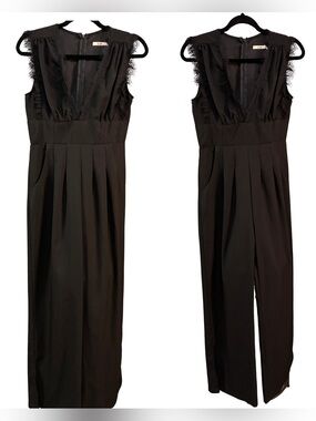 Francesca's Collections Black Lace-Trim V-Neck Jumpsuit